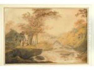 Country Folk By A Cottage Near A Rocky River by William Payne