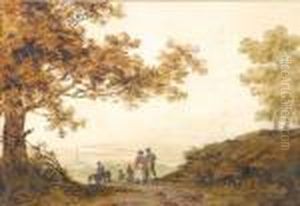 Figures Outside Acottage Travellers In A Landscape
