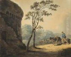 Boy And Donkey On Path Beside A Ruined Tower