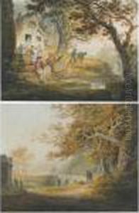 Figures On A Wooded Path, A 
Bridge Beyond; A Group Of Figures Resting Near An Inn, Beside A River
