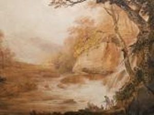 A Fisherman Presenting A Catch At The Foot Of A Waterfall by William Payne