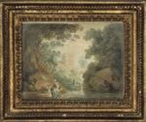 Country Folk Fetching Water At A Stream, A Church Beyond
; And 
A Landscape With Figures On A Track by William Payne