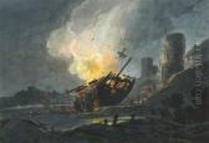 Ttributed To. Nocturnal Coastal Scene With A Burning Shipwreck by William Payne