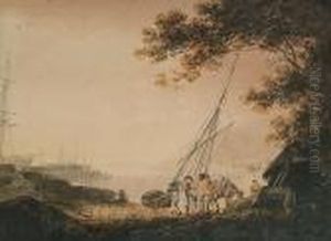 Figures Conversing On The Shore Of A Coastal Village by William Payne