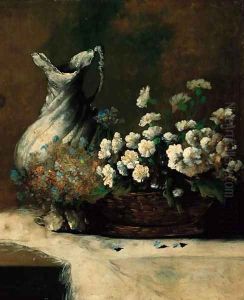A basket of summer flowers and a waterjug on a table