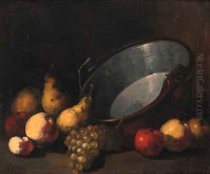 Pears, apples and grapes alongside a cauldron