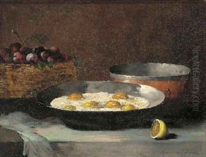 A still life with eggs, plums and a lemon, on a draped ledge