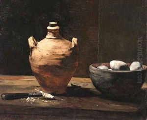 Still life with ceramic jug, eggs and knife
