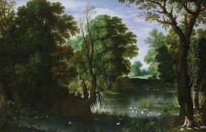 Landscape with a river and sportsmen shooting ducks by Maerten Ryckaert
