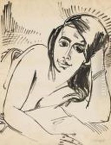 Madchen Mit Aufgestutztem Kopf by Hermann Max Pechstein