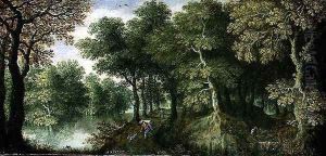 Wooded River Landscape with a Pedlar and Dog on a Track, 1624 by Maerten Ryckaert