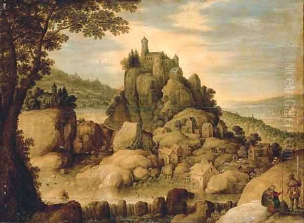 An extensive rocky river landscape with pilgrims resting on a path - view 1
