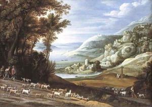 An extensive Italianate landscape with goatherds, a shepherd and their flocks by Maerten Ryckaert