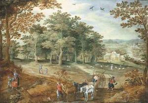 A wooded landscape with travellers and a cart by Maerten Ryckaert