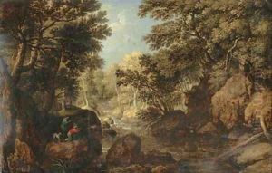 A wooded river landscape with hunters A wooded river landscape with hunters