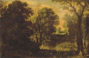 An extensive river landscape with sportsmen shooting duck An extensive river landscape with sportsmen shooting duck