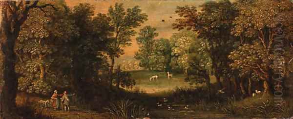 Peasants on a path by a pond in a wood - view 1