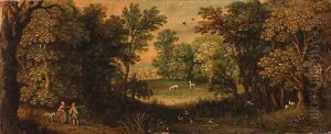 Peasants on a path by a pond in a wood Peasants on a path by a pond in a wood