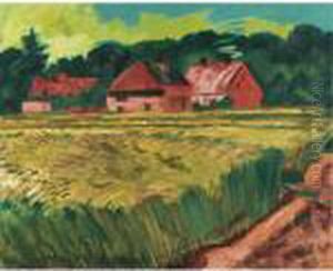 Bauernhauser Mit Getreidefeld In Leba (farmhouses With Wheat Fieldin Leba) by Hermann Max Pechstein