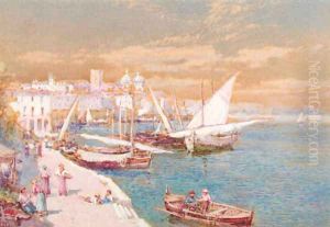 Figures at a market in a harbour by Charles Rowbotham
