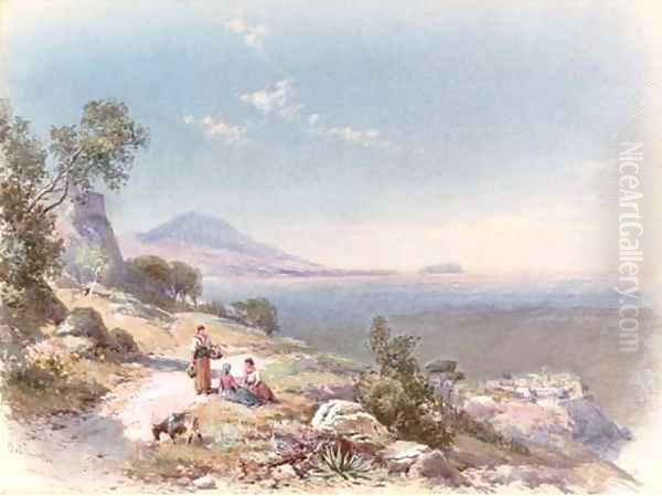 Figures with a donkey resting by the steps overlooking the bay, near Miseno, Bay of Naples by Charles Rowbotham
