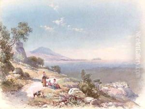 Figures with a donkey resting by the steps overlooking the bay, near Miseno, Bay of Naples by Charles Rowbotham