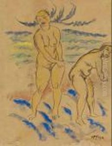 Zwei Stehende Weibliche Akte Am Wasser. by Hermann Max Pechstein
