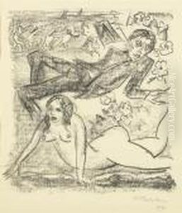 Weiblicher Akt Und Mann Am Strand. 1917. by Hermann Max Pechstein