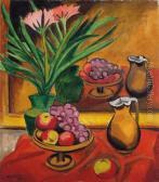 Stilleben Am Spiegel: Clivia, Obst Und Krug - view 1