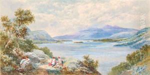 Figures on a track in a lakeland landscape by Charles Rowbotham