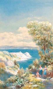 Figures on a track overlooking Scyla, Calabrih at the entrance of the straits of Messina