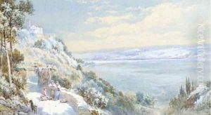 Figures on a coastal path with a goat