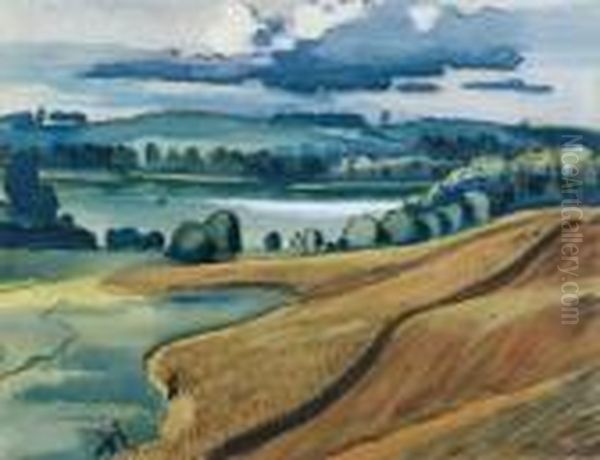 Sommerliche (mecklenburger) Landschaft Mit Getreidefeldern Und Schnittern - view 1