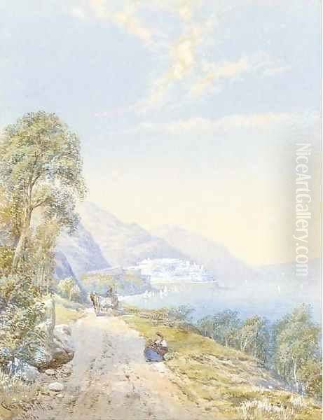 Figures on a track beside a lake - view 1