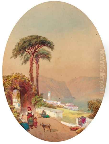Figures on a track beside an Italian Lake - view 1