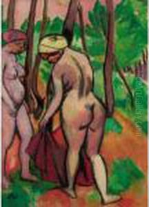 Zwei Akte Am Waldesrand (two Nudes In A Forest) by Hermann Max Pechstein