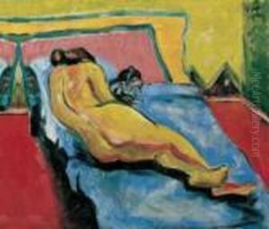 Liegender Weiblicher Akt Mit Katze by Hermann Max Pechstein
