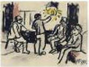 Fischer In Der Kneipe , Signed
With The Monogram And Dated 1912, Brush And Ink, Coloured Crayon And
Pencil On Paper, 10.4 By 14.2 Cm., 4 1/8 By 5 1/2 In by Hermann Max Pechstein