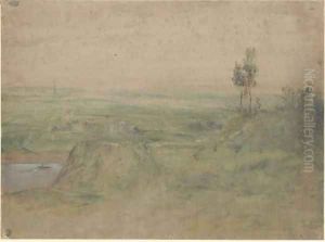 A cliff overlooking a small village along a river near Meudon by Theodore Rousseau