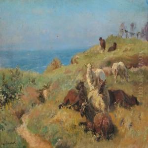 Sheeps In The Field With Sea In The Background by Viggo Christian Frederick Pedersen