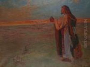 A Figure In The Desert At Sunset. by Viggo Christian Frederick Pedersen