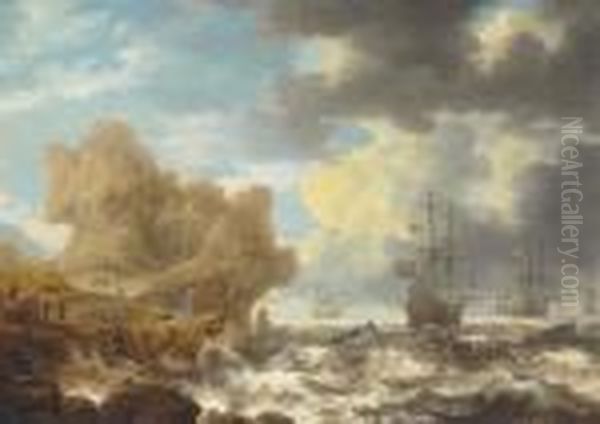 Dutch Ships Off A Rocky Coast With Colonists Encountering Natives - view 1