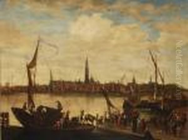 Citta Con Porto E Figure Sul Molo - view 1