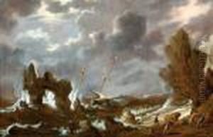 A Three-masted Ship In Front Of A Rocky Coast During A Storm A Three-masted Ship In Front Of A Rocky Coast During A Storm