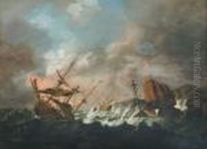Sailing Vessels On Stormy Waters With Cliffs Nearby by Bonaventura, the Elder Peeters