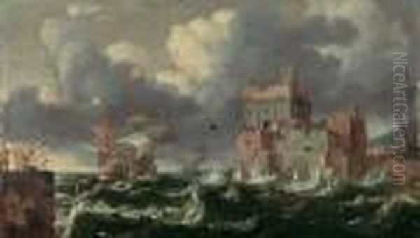 Orientalische Hafeneinfahrt Bei Sturmischer See. Ol Auf Holz. H 40,8; B 70 Cm. Verso Ein - view 1