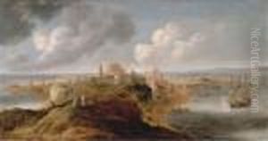 A Fortified Port On A Promontory, An English Frigate Firing Asalute