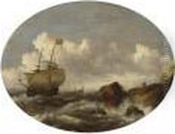 An English Merchantman And Other
Vessels In A Rough Sea, With A Shipwreck Near The Rocks In The
Foreground - view 1