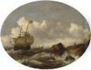 An English Merchantman And Other
Vessels In A Rough Sea, With A Shipwreck Near The Rocks In The
Foreground by Bonaventura, the Elder Peeters