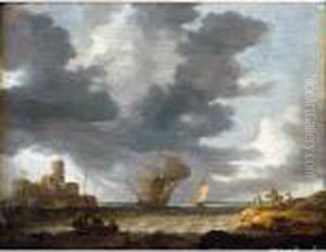 A Breezy Estuary Scene With A Dutch Man-o-war Before A Castle